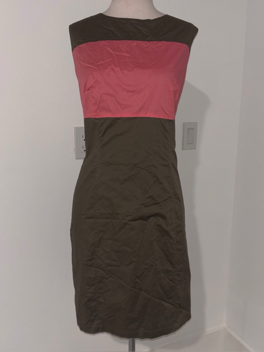 Sleeveless Midi Sheath Dress in Olive and Coral Pink #217